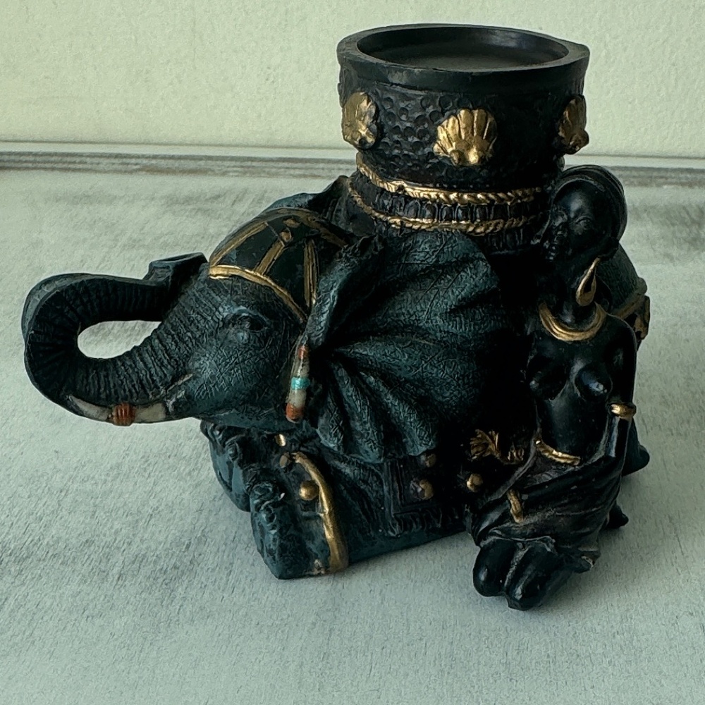 Elephant Candle Holder Trunk Up W Lady for luck in the house Black Blue-